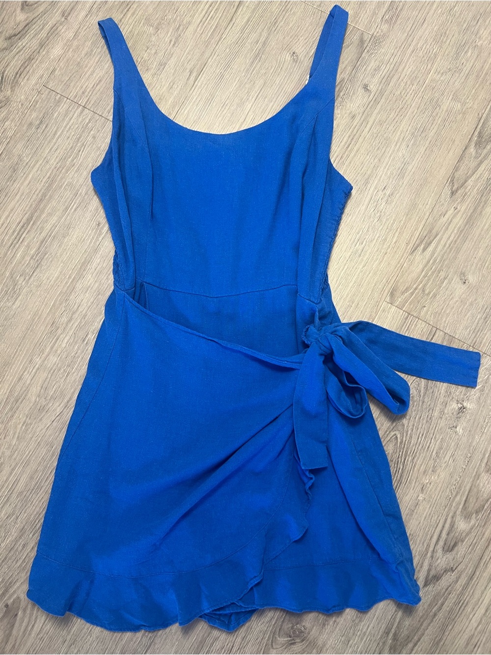 Dotti Blue Sleeveless Wrap-Tie Mini Romper | Linen Blend
